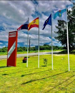 een groep vlaggen aan de kant van een weg bij Motel Montecarlo in Lugo