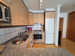 eine Küche mit einer Spüle und einem weißen Kühlschrank in der Unterkunft Apartamento con piscina a escasos metros de A Lanzada in Pontevedra