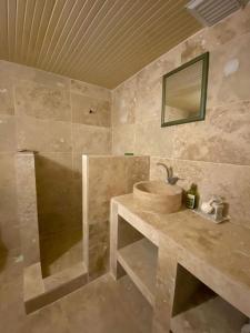 La salle de bains est pourvue d'un lavabo et d'un miroir. dans l'établissement Urla bir nefes taş ev, à Urla
