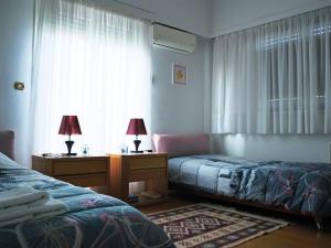 1 dormitorio con 2 camas y una ventana con cortinas en Νatasas Place in Evia, en Amarinto