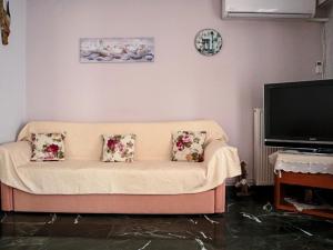 sala de estar con sofá y TV de pantalla plana en Νatasas Place in Evia, en Amarinto