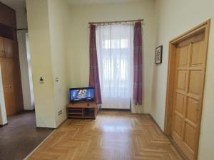 ein Wohnzimmer mit einem TV und einem Fenster in der Unterkunft All in 10 apartment, BP downtown AC in Budapest