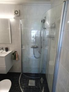 a bathroom with a shower and a toilet and a sink at Small and cute apartment in city center in Tromsø