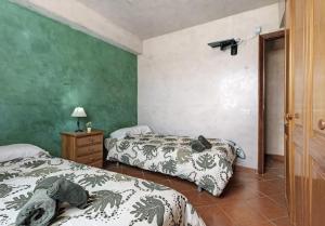 1 dormitorio con 2 camas y pared verde en Graciosa Sunset Apartment, en Los Silos