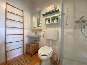 Cozy Apartment Bovec في بوفيك: حمام مع مرحاض ومغسلة ودش