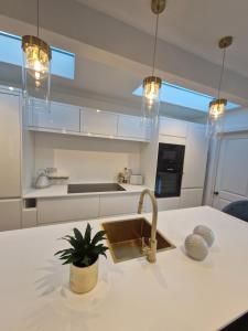 a kitchen with a sink and a faucet on a counter at Seaside Apartment, Parking, Private Garden, 5 min Stroll from the Beach in Bournemouth