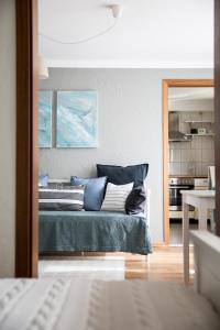 a living room with a couch with blue pillows at Ferienwohnung am Sonnenberg in Busingen am Hochrhein