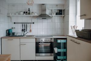 a kitchen with a stove and a sink in it at Ferienwohnung am Sonnenberg in Busingen am Hochrhein