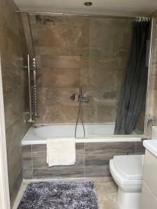 a bathroom with a shower and a tub and a toilet at Cosy and Stylish 1BD-Limehouse in London