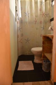 a bathroom with a toilet and a shower curtain at Hotel Campestre Villa Los Duraznos in Paipa