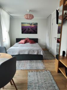 ein Schlafzimmer mit einem Bett und einem Wandgemälde in der Unterkunft Seaside apartment Albatross, spa and pool in Ķesterciems