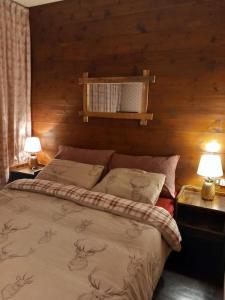 1 dormitorio con 1 cama con 2 lámparas en 2 mesas en Courmayeur-Morgex, Grande Appartamento x 8 persone, en Morgex