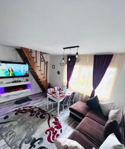 uma sala de estar com um sofá e uma televisão em Zizi's House Garii em Brasov