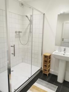a bathroom with a shower and a sink at Clock Tower Apartment in Llandrindod Wells