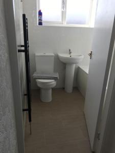 a bathroom with a toilet and a sink and a window at Diana House in Foleshill