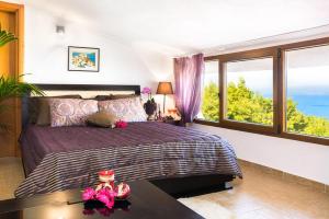 a bedroom with a large bed with a large window at Villa Uliana Kassandra Greece in Afitos