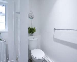 a white bathroom with a toilet and a potted plant at Cosy 1 Bedroom Apartment - Newbury High Street in Newbury