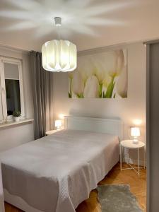 sypialnia z łóżkiem z obrazem na ścianie w obiekcie Apartament Redłowo w mieście Gdynia