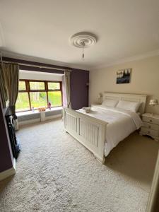 Un dormitorio con una gran cama blanca y una ventana en Taylors Hill Luxury Guest House, en Galway