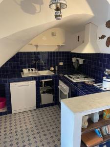una cucina piastrellata di blu con lavandino e piano cottura di Agenzia Isotur La Magnolia a Ponza