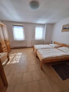 een grote kamer met 2 bedden en 2 ramen bij Chalupa u Šobrů 