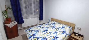 a bedroom with a bed with a blue and white comforter at Casa TE apartment in Orşova