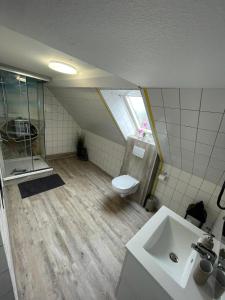 an attic bathroom with a toilet and a sink at Deichblick-Carolienensiel in Carolinensiel