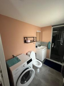 a bathroom with a washing machine and a toilet at Suite Cosy MontBlanc en Hyper Centre in Valenciennes