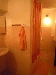 bagno con doccia, lavandino e asciugamano di Chata Bucharka a Liberec