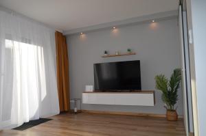 a living room with a flat screen tv on a wall at Cozy house with garden in Kaufbeuren