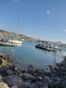 Eine Gruppe von Booten liegt in einem Hafen vor Anker. in der Unterkunft Apartamento F3, Lazareto - Mindelo in Mindelo