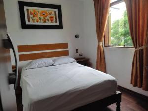 Hotel San Isidro في تروخيو: غرفة نوم بسرير ونافذة