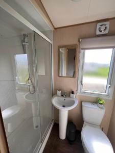 a bathroom with a toilet and a sink and a shower at N and B caravan hire Flamingo Land in Kirby Misperton