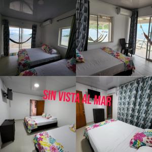 a collage of four pictures of a hotel room at Posada Old Town Bay in Providencia