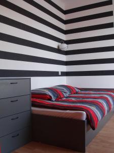 a bedroom with black and white striped walls and a bed at Rooftop view in Riga