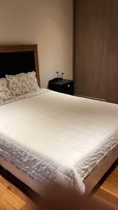 a large white bed in a bedroom with a table at Madre Natura in Asuncion