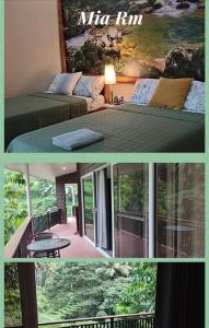 two pictures of a room with two beds and a balcony at Pulangbato Falls Mountain Resort in Dumaguete