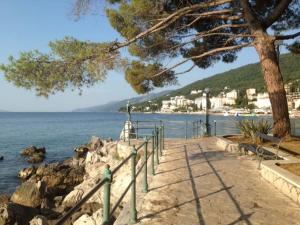 a path next to the water with a tree and a beach at Apartments Villa Dinka in Opatija