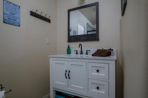a bathroom with a white sink and a mirror at Bear Paw Cabin new construction near Yosemite in Mariposa