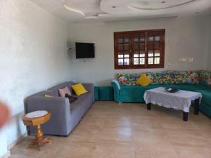ein Wohnzimmer mit 2 Sofas und einem TV in der Unterkunft Villa piscine bir jdid in Bir Jedíd Saint-Hubert