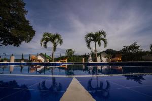 a swimming pool with palm trees in the background at Valhalla Nimaima Glamping in Nimaima