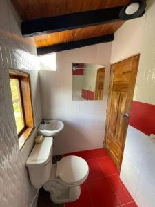 uma casa de banho com um WC e um lavatório em Acogedora Cabaña Chalet en Medio de la Naturaleza em Aquitania