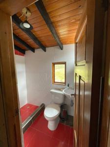 y baño con aseo blanco y lavamanos. en Acogedora Cabaña Chalet en Medio de la Naturaleza, en Aquitania