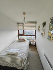 ein kleines Schlafzimmer mit einem Bett und einem Fenster in der Unterkunft Departamento céntrico en Temuco con estacionamiento in Temuco