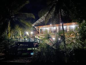 a building at night with palm trees in the foreground at Palmeras del Río HOTEL in La Viña