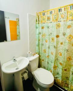 ein Badezimmer mit einem WC, einem Waschbecken und einem Duschvorhang in der Unterkunft Hospedaje DJ in Buga