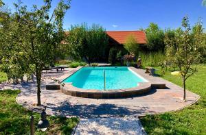 una piscina en un patio con una casa en Patrimonium Wellness Apartments en Tiszaszentimre