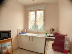 uma cozinha com um lavatório e uma janela em studio Sylvie em Comigne