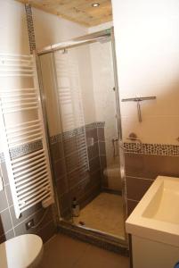 een badkamer met een douche, een toilet en een wastafel bij Appartement 5 Couchages tout Confort proche Mer in Le Barcarès