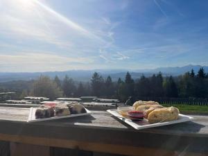 two plates of pastries on a table with a view at Planinski dom Janče in Ljubljana